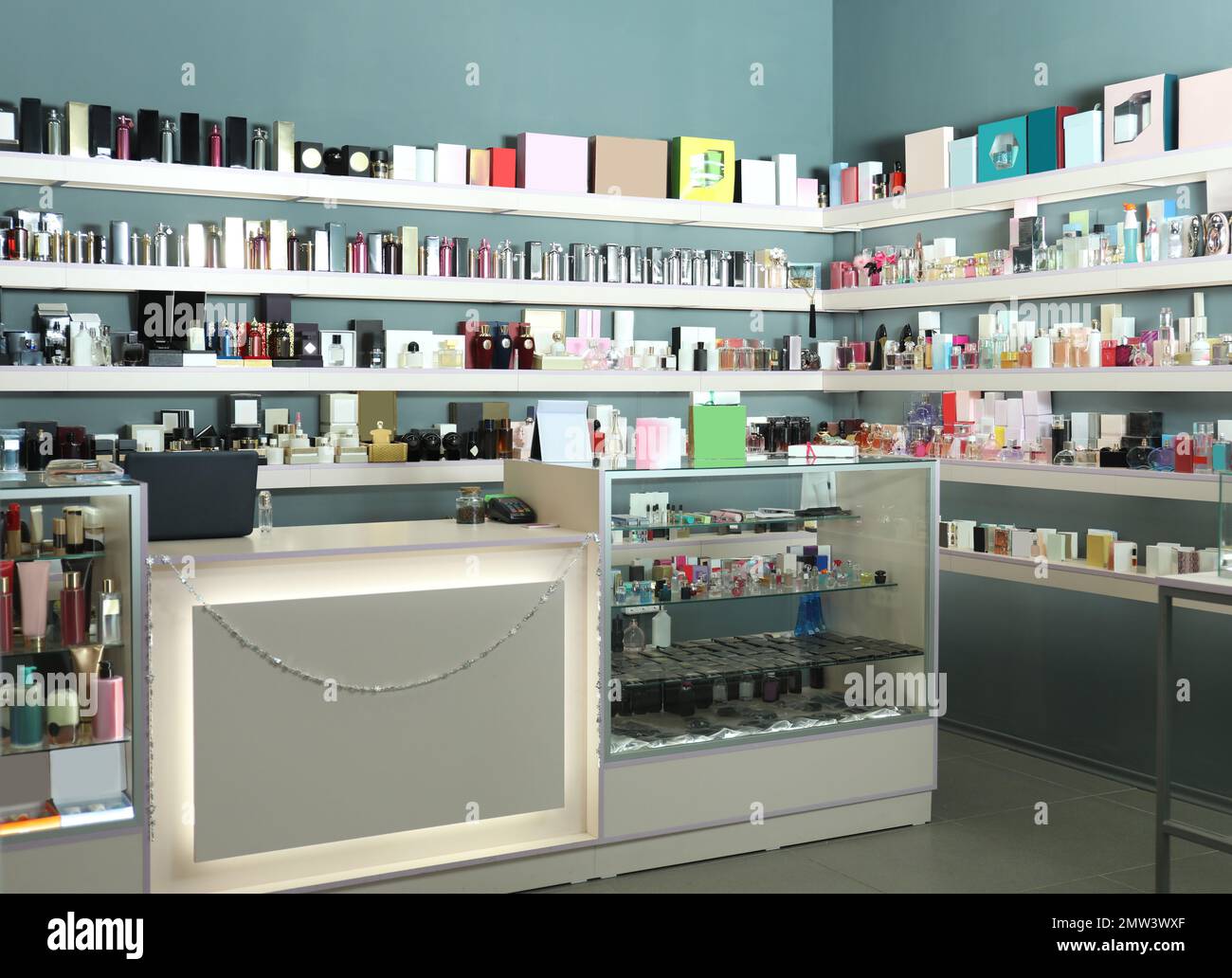 Counter and shelves with perfume bottles in shop Stock Photo Alamy