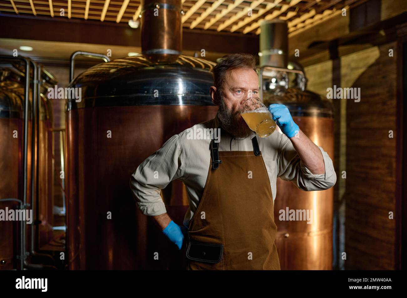 Brewery technologist tasting fresh craft beer at microbrewery plant Stock Photo