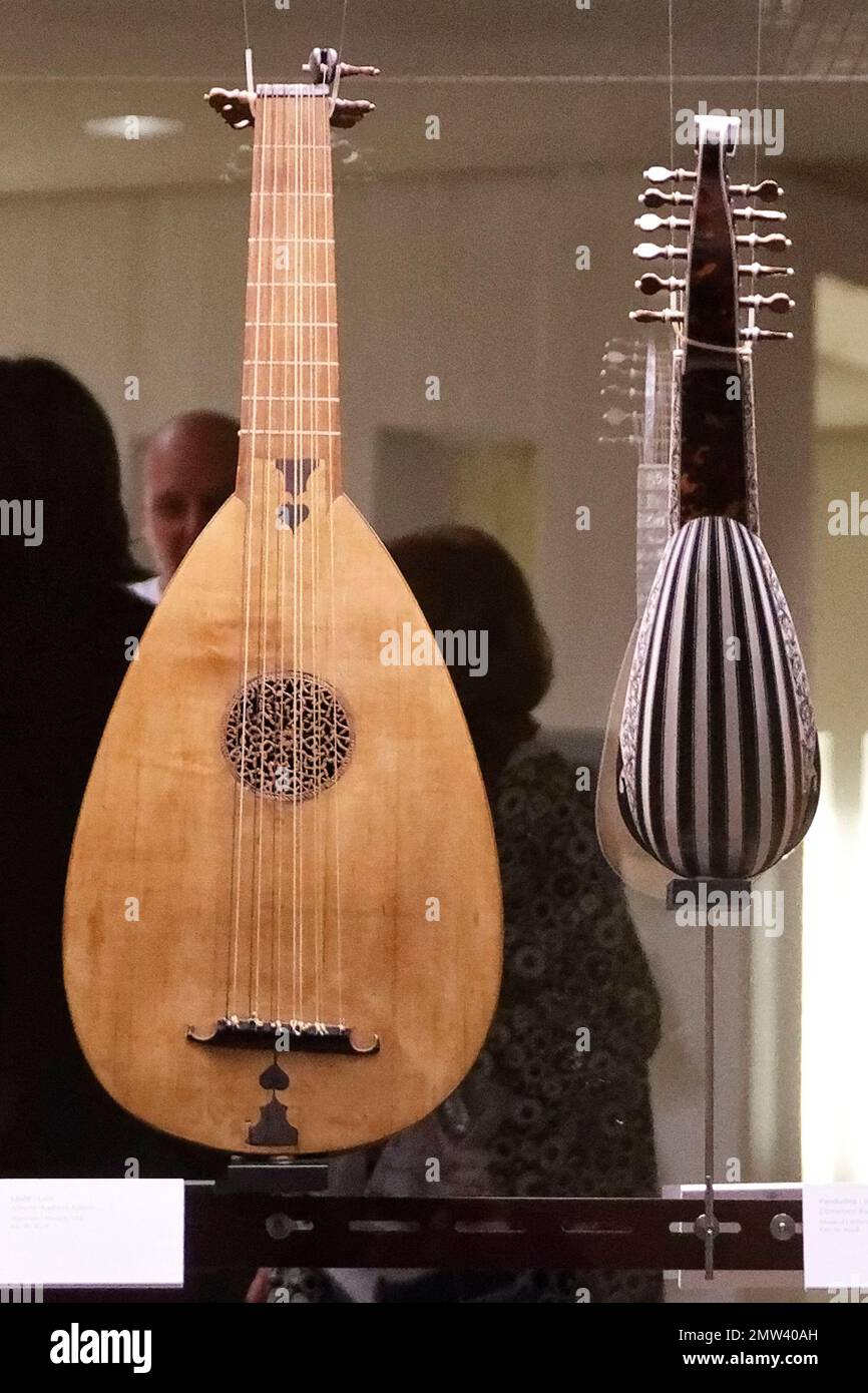Berlin, Germany. 01st Feb, 2023. Mandolins hang in an exhibition at the
