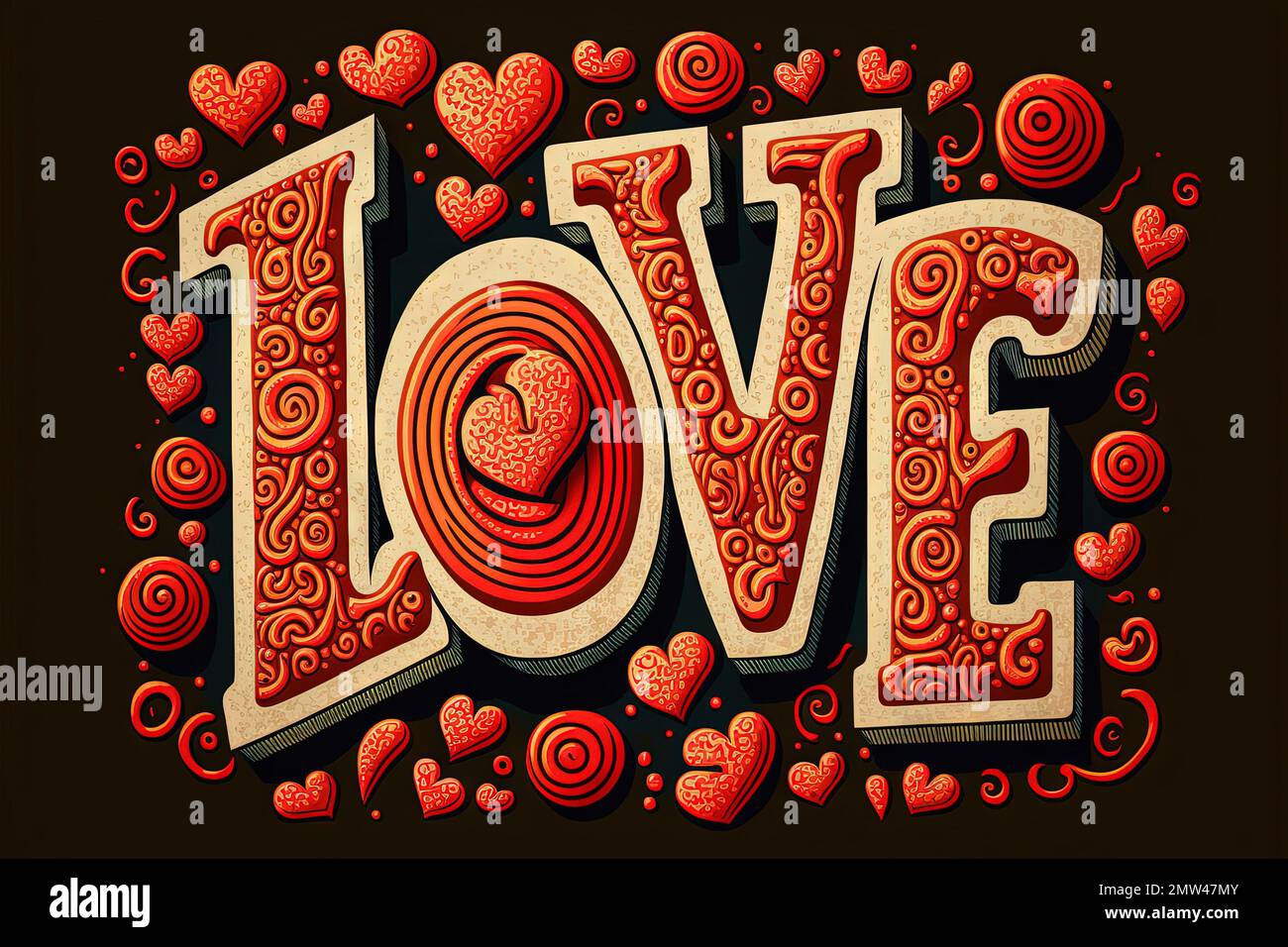 A retro style Love word made of red hearts heart Valentine day concept illustration generative ai Stock Photo