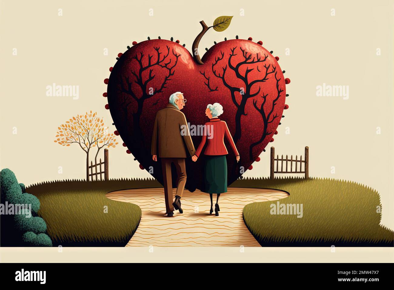 old man and old woman hand to hand in the path of love to big Love red heart Valentine day concept illustration generative ai Stock Photo