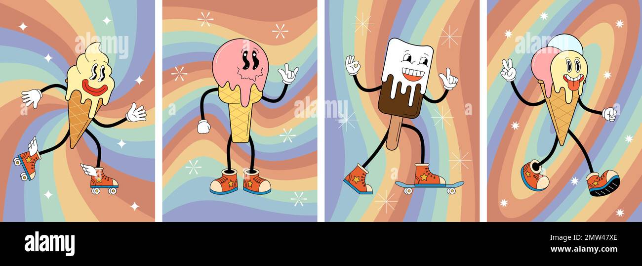 Retro ice cream cone characters on groovy art poster. Cool sweet food mascots on vintage hippy
