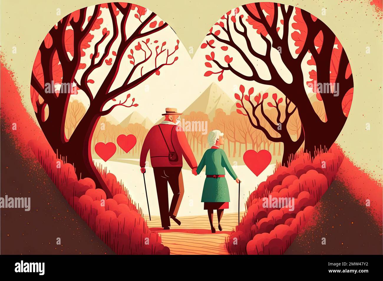 old man and old woman hand to hand in the path of love to big Love red heart Valentine day concept illustration generative ai Stock Photo