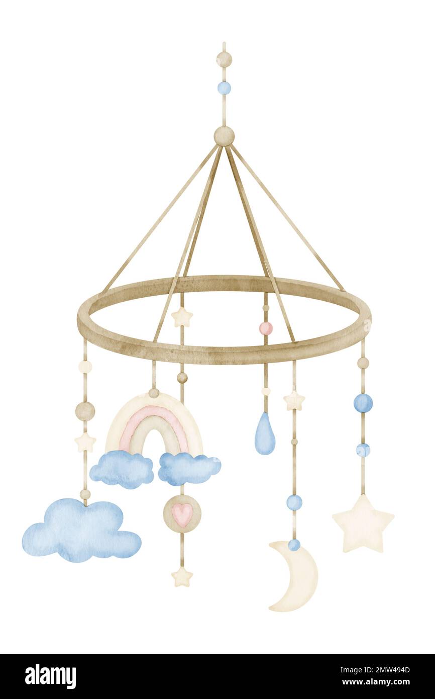 Baby Mobile With Sleeping Bear, Moon, Stars and Clouds, Handmade