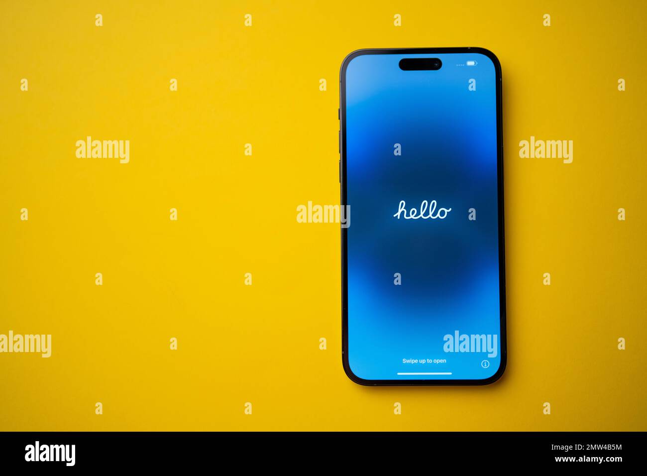 Brand new Apple iPhone 14 Pro Max unboxed and turned on. New features  include Dynamic Island and Emergency Satellite 911 connectivity. Works on  iOS 16 Stock Photo - Alamy