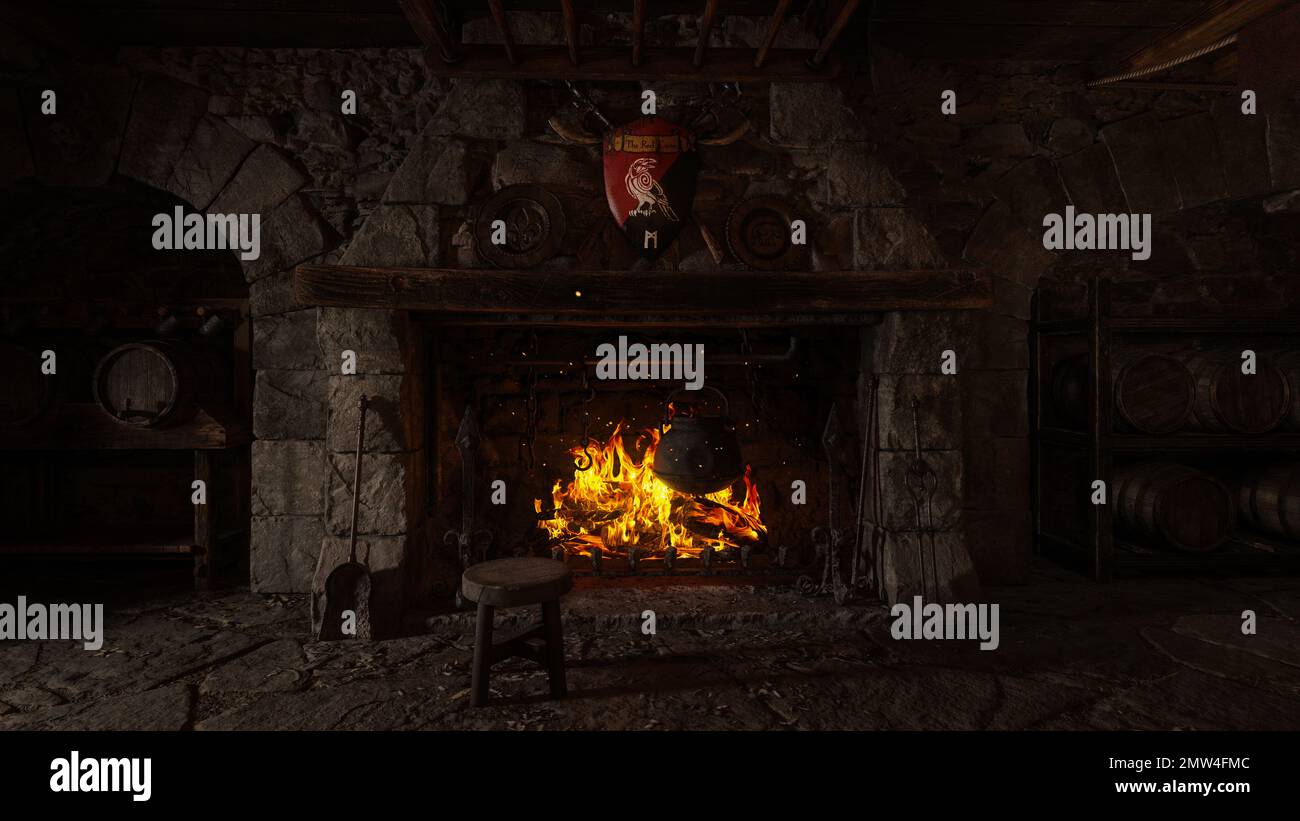 Wooden stool by the fireplace in an old medieval tavern. 3D rendering. Stock Photo