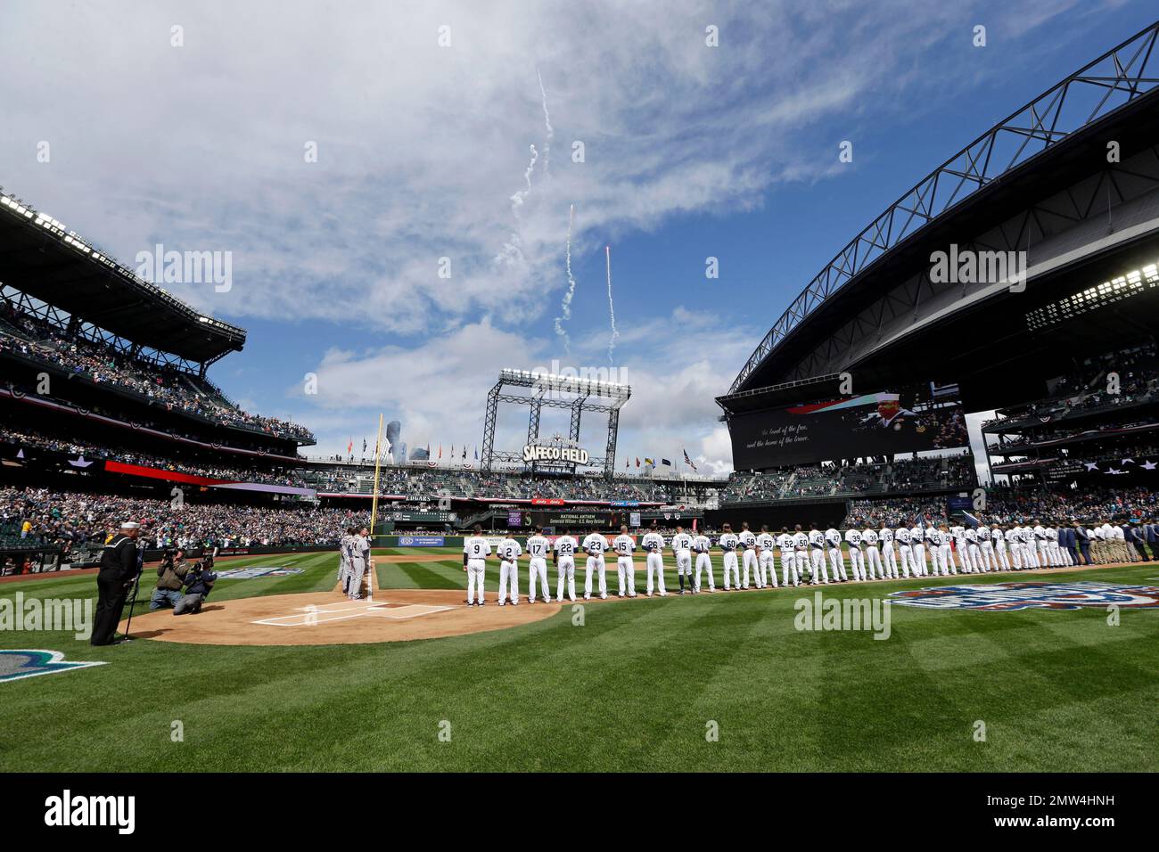 Seattle Mariners players lineup before a baseball game between the