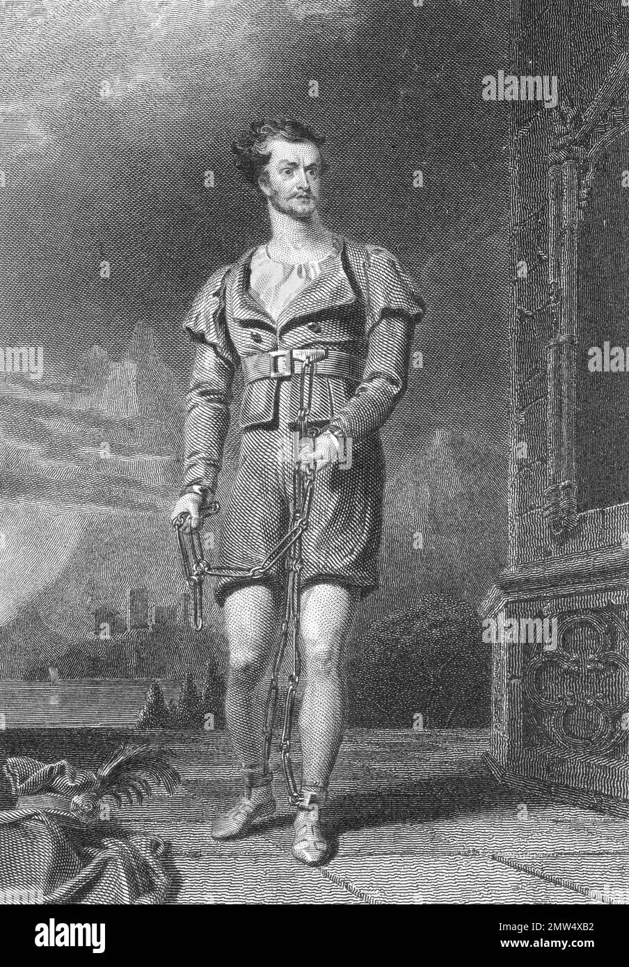 William Tell. Engraving of William C. Macready as William Tell based on a picture by Asher B Durand, c. 1830. William Tell was a folk hero in Switzerland in the 14th century. Stock Photo