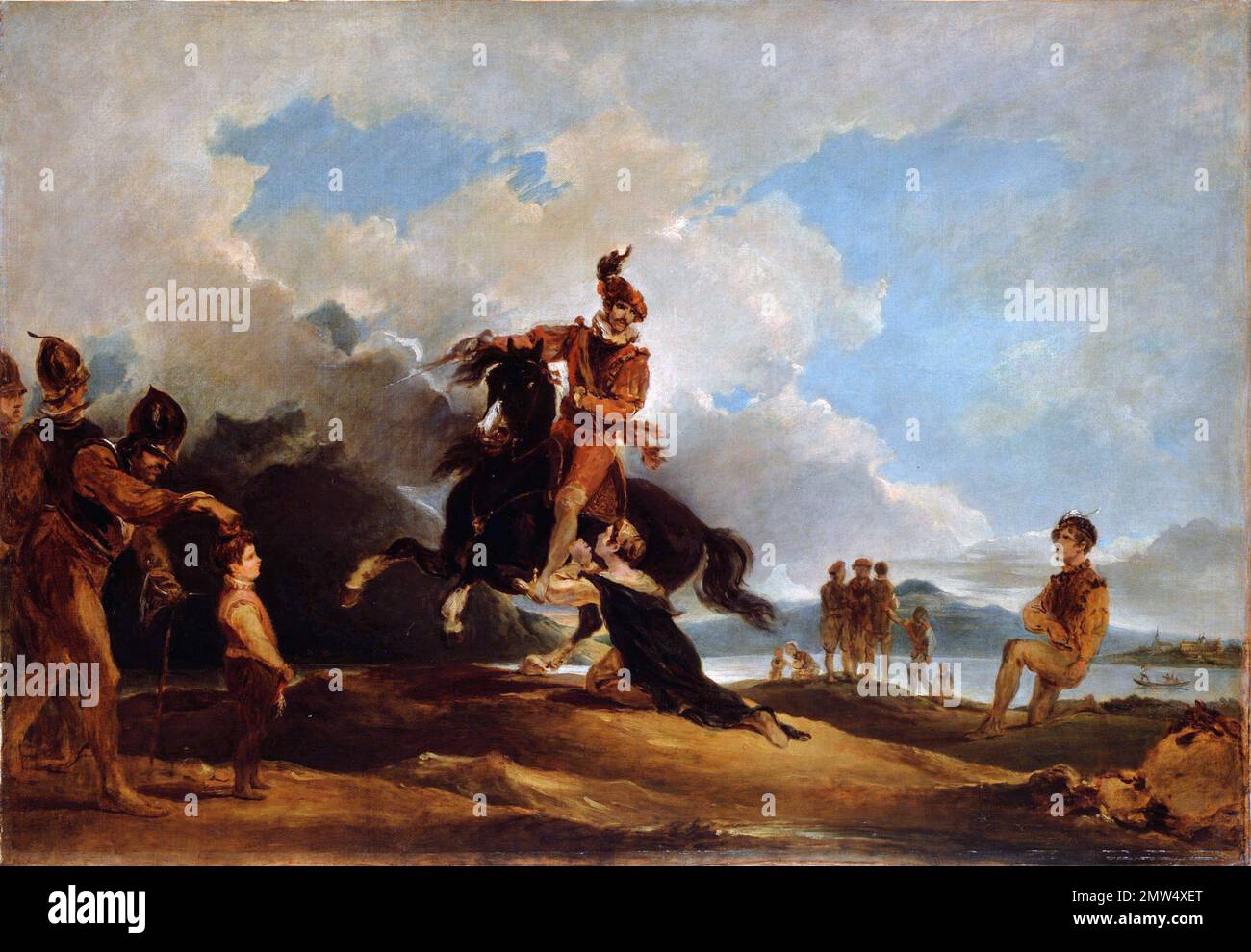William Tell about to shoot an apple of the head of his son, painting by Francis Bourgeois, oil on canvas, before 1811. William Tell was a folk hero in Switzerland in the 14th century. Stock Photo