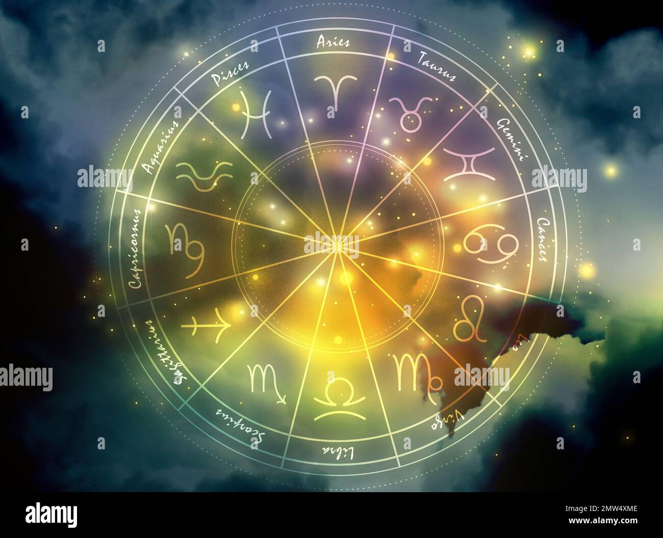 Illustration of night sky with stars and zodiac wheel Stock Photo Alamy