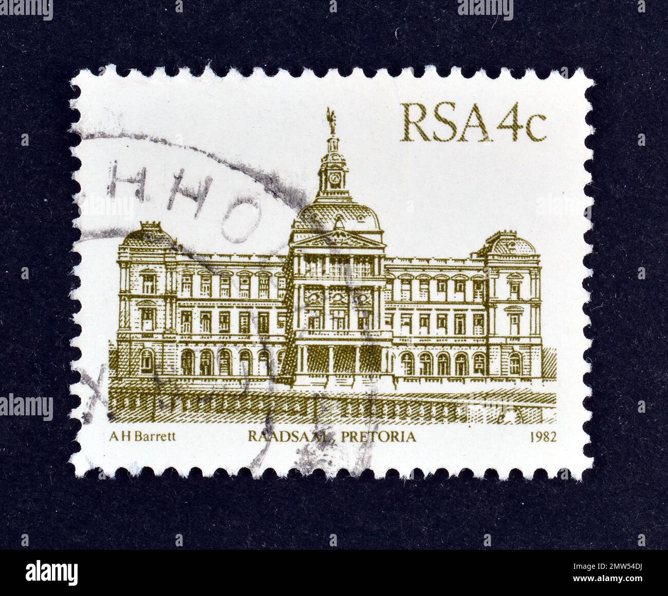 Cancelled Postage Stamp Printed By South Africa That Shows Raadsaal Pretoria Circa Stock