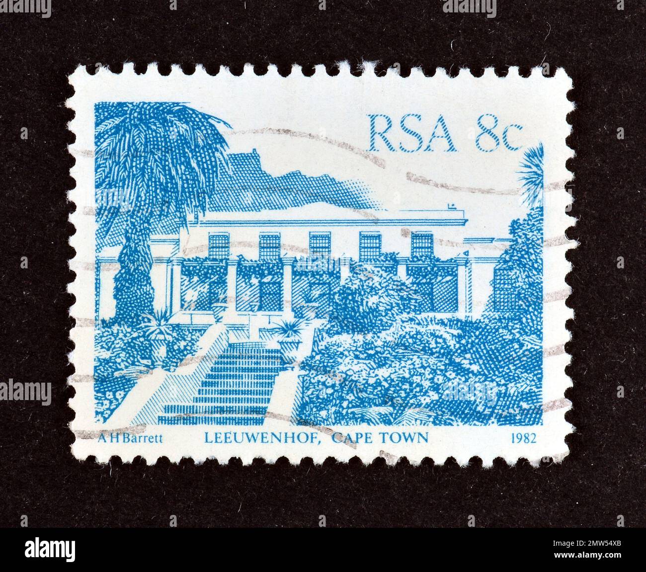 Cancelled postage stamp printed by South Africa, that shows Leeuwenhof