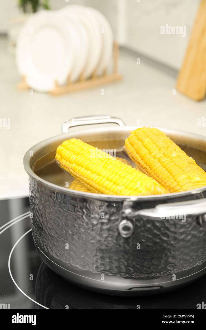 Pot with boiling corn on induction cooktop Stock Photo Alamy