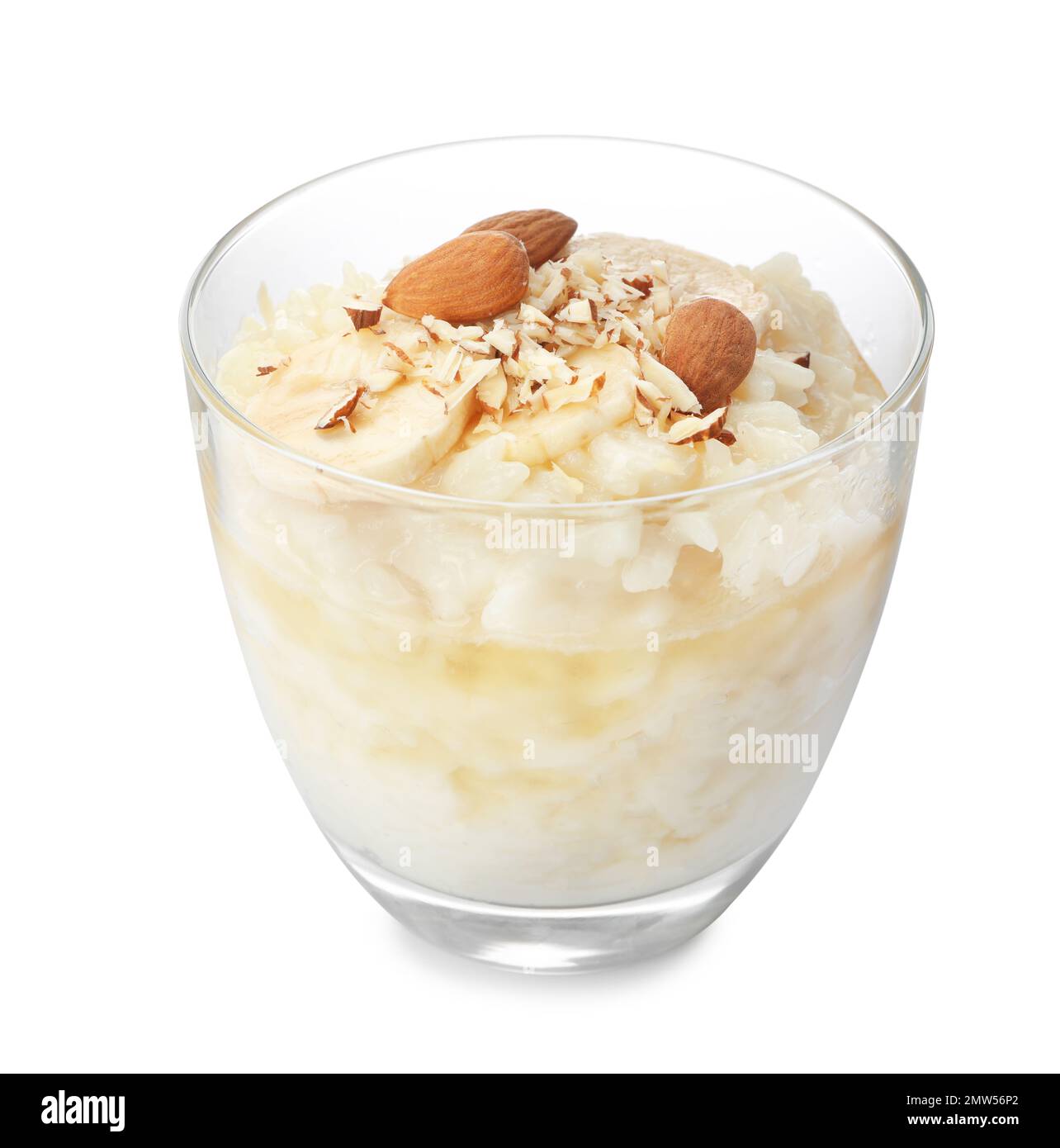 Delicious rice pudding with banana and almonds isolated on white Stock ...
