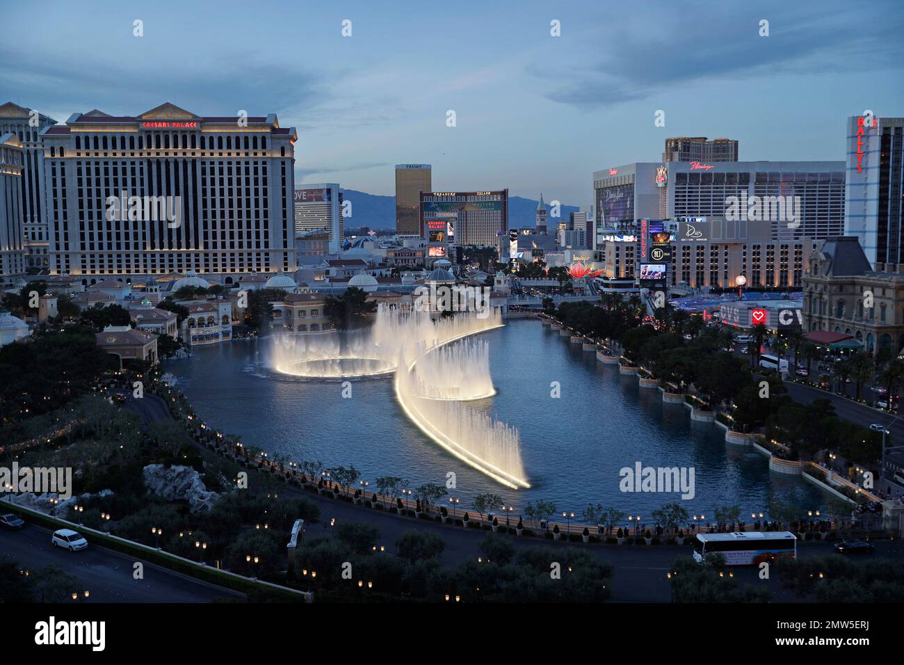 In this April 4, 2017, photo, the fountains of Bellagio erupt along the Las Vegas Strip in Las