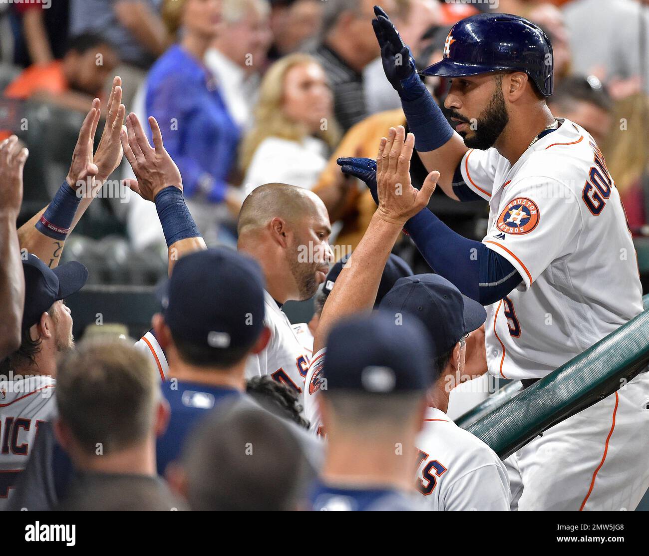 Houston Astros' Marwin Gonzalez, right, is tagged out by Los Angeles Angels  first baseman Albert Pujols on a pickoff during the second inning of a  baseball game Tuesday, April 24, 2018, in