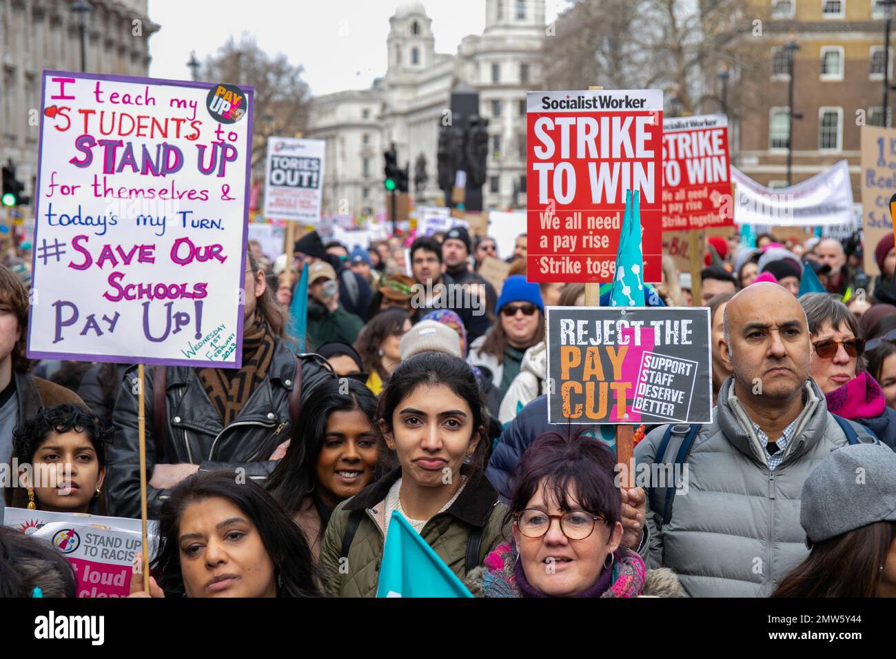 London, England, UK 01/02/2023 The largest strike in a decade takes place in the UK with 100,000 walking out and around 30,000 taking to the streets in London. Those attending included Mary Bousted of the National Education Union, Mick Lynch and Jeremy Corbyn Stock Photo