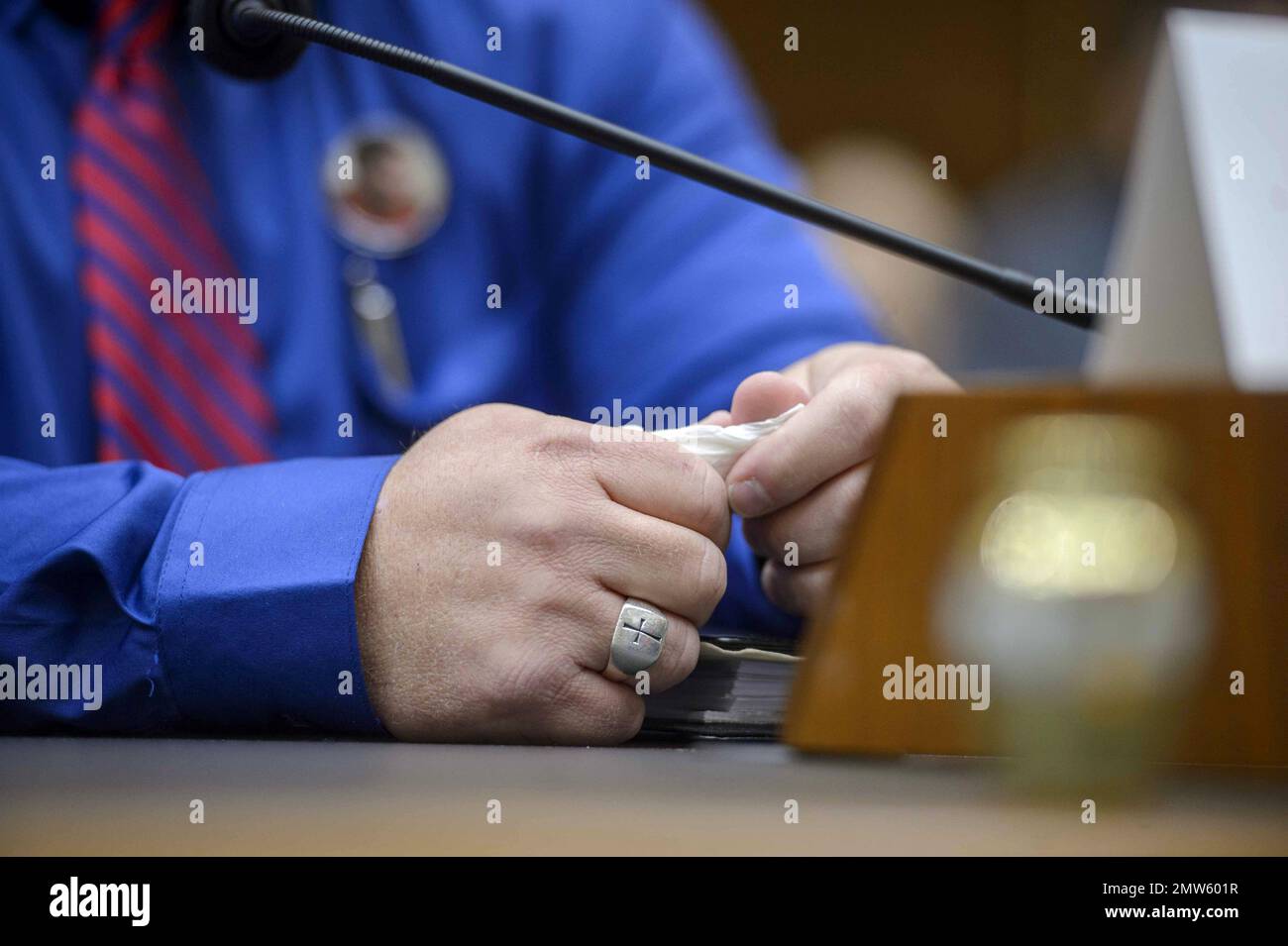 Washington, United States. 01st Feb, 2023. Brandon Dunn, co-founder of Forever 15 Project, plays with a tissue during a House Judiciary Committee hearing examining border security, national security, and the impact of fentanyl on Americans at the U.S. Capitol in Washington, DC on Wednesday, February 1, 2023. Dunn and his wife, Janel, founded the non-profit organization to spread awareness of the fentanyl epidemic after their 15-year-old son Noah died from Fentanyl poisoning in 2022. Photo by Bonnie Cash/UPI Credit: UPI/Alamy Live News Stock Photo