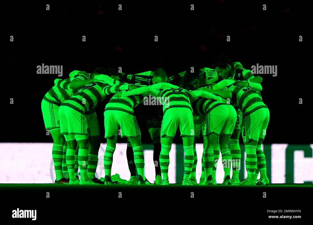 Celtic players huddle up before the cinch Premiership match at Celtic