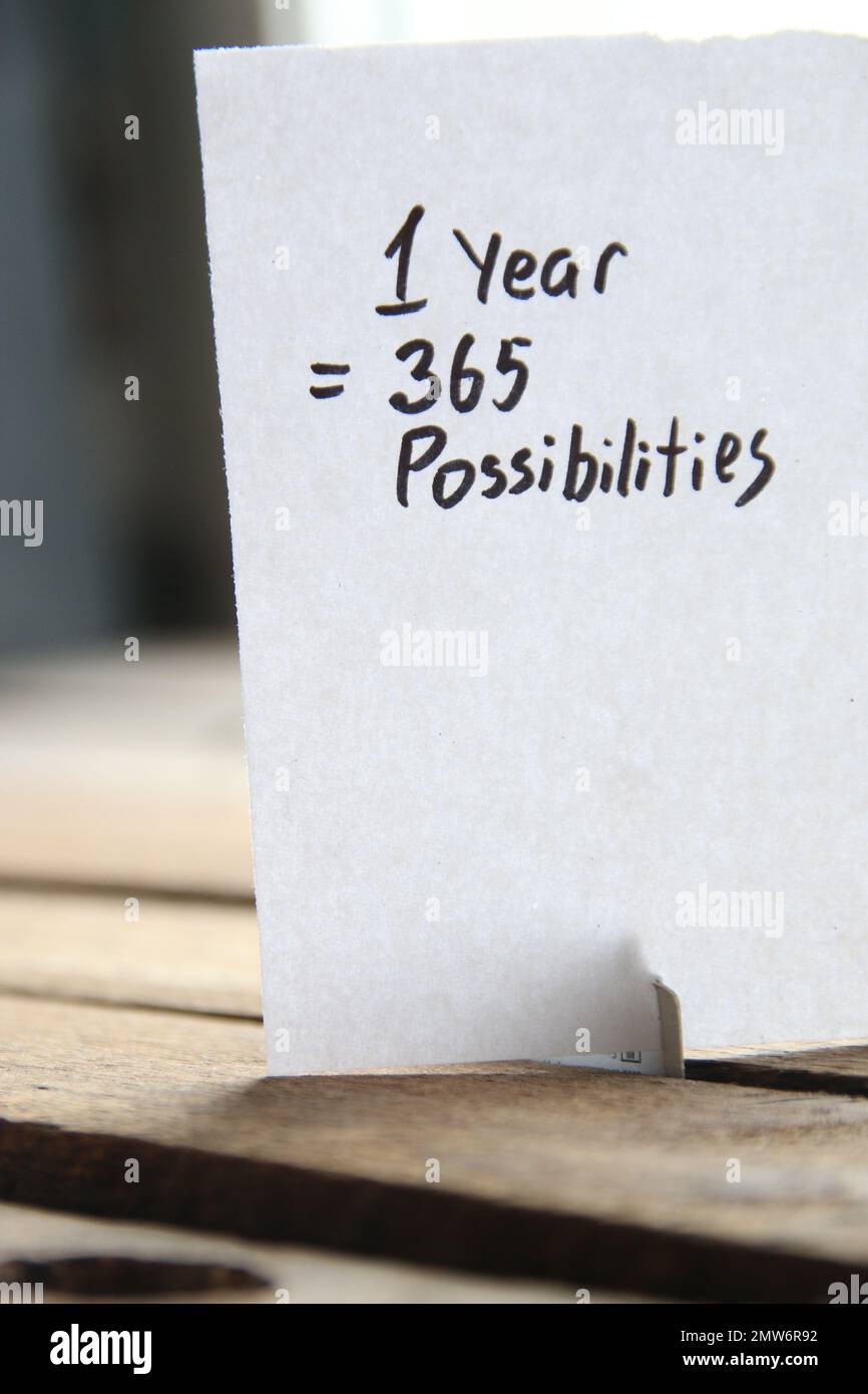 Motivational quotes inscription on a tag. One year equal 365 possibilities. Stock Photo