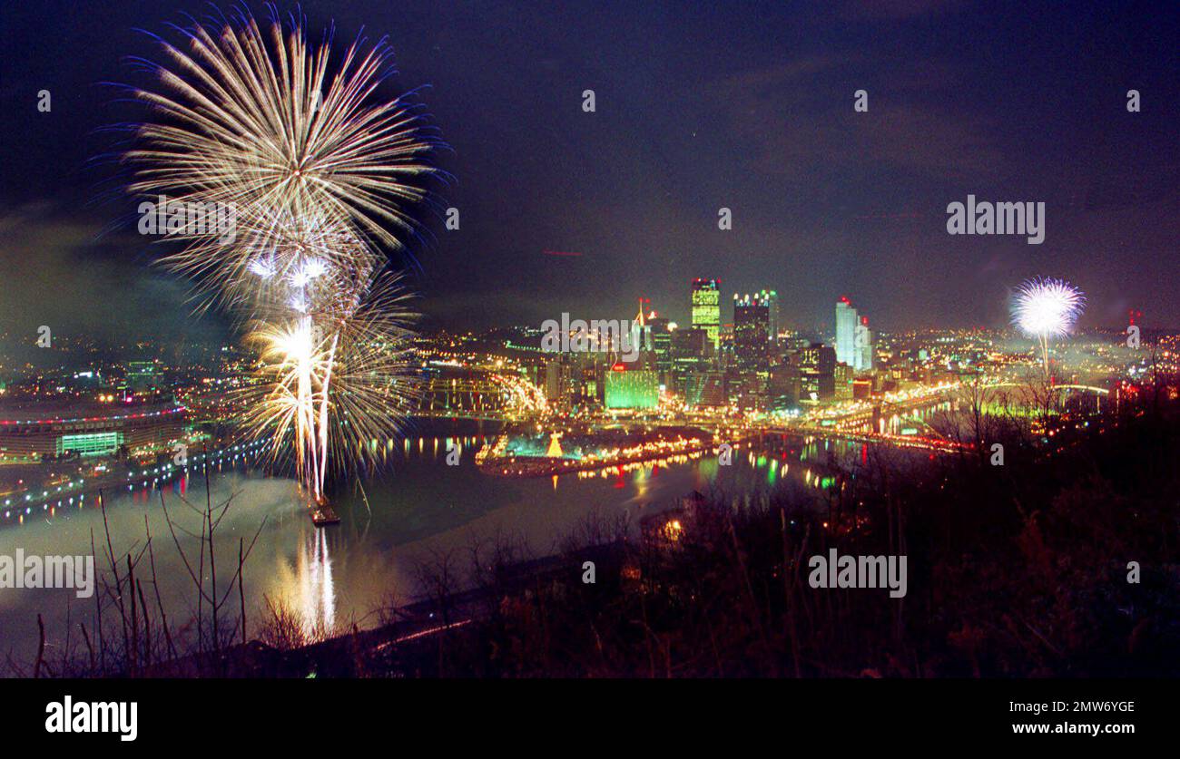 FILE In this Jan. 1, 2000, file photo, a fireworks display presented