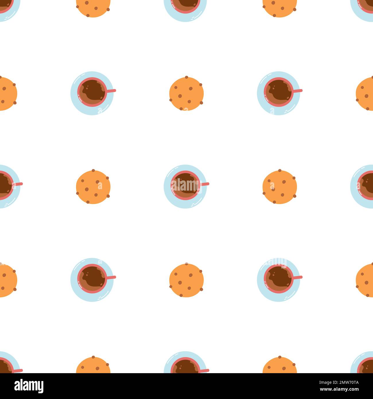 Seamless pattern with coffee mug and biscuits on white background. Flat vector texture for wrapping paper, textile, web design. Stock Vector