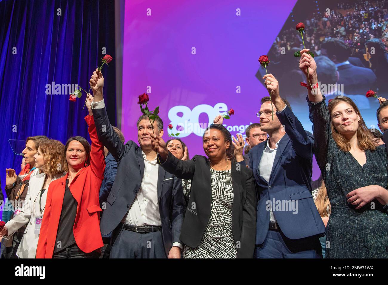 (from L to R): Johanna Rolland (red jacket), Olivier Faure, Helene ...