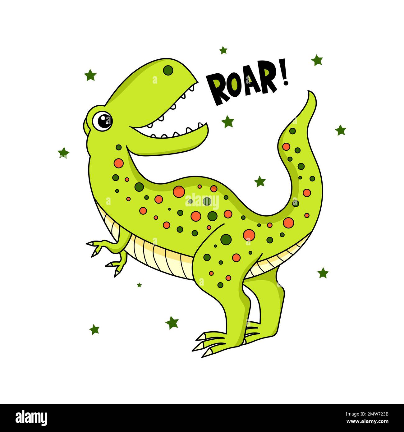Cartoon dinosaur tyrannosaurus roars. Roar text! Children's vector illustration for design of prints, posters, cards, stickers, puzzles, games and so Stock Vector