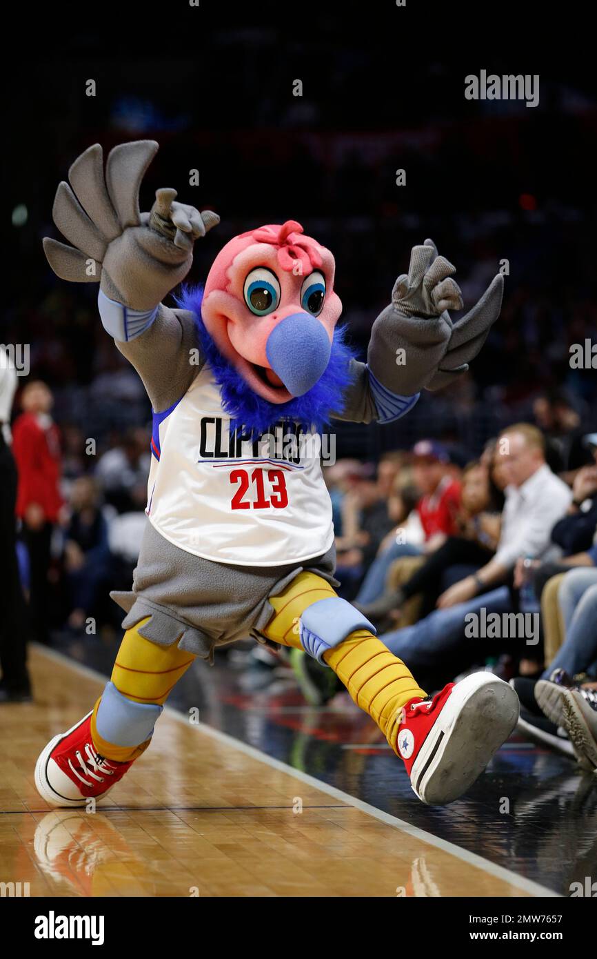 Los Angeles Clippers mascot Chuck the Condor dances during an NBA