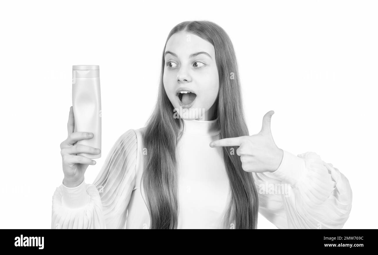 presenting cosmetic product for teen. kid use shower gel. happy girl