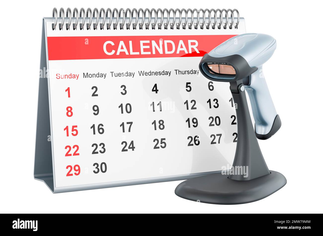 Bar code reader, scanner with desk calendar. 3D rendering isolated on white background Stock