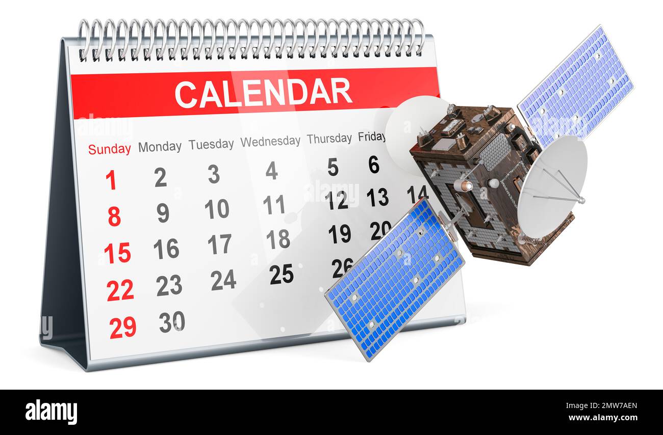 Desk calendar with satellite, 3D rendering isolated on white background ...