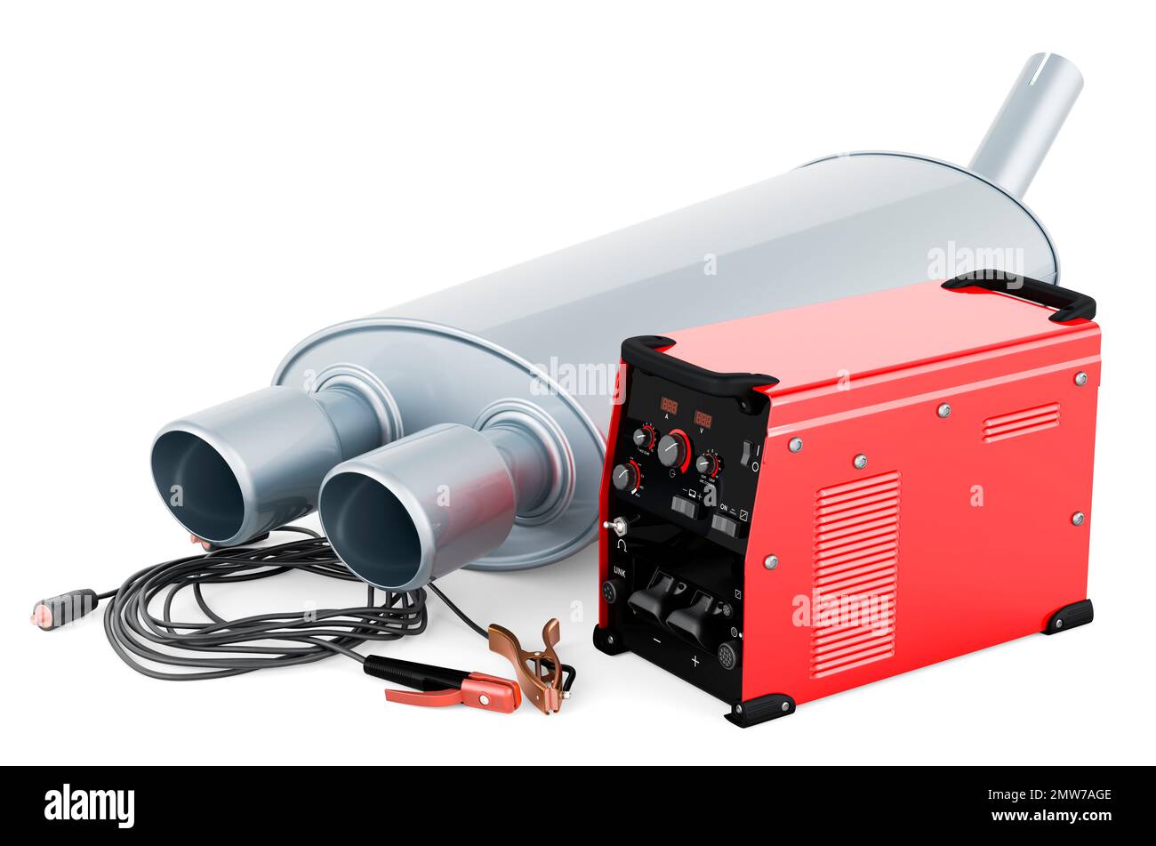 Multiprocess welder machine with car exhaust pipe, repair concept. 3D