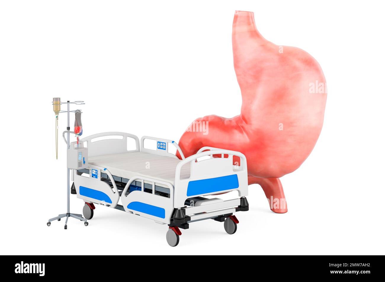 Human stomach with hospital bed. Treatment and medicines for stomach disease concept, 3D