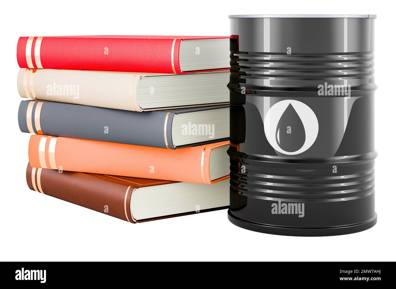 Oil barrel with books, 3D rendering isolated on white background Stock