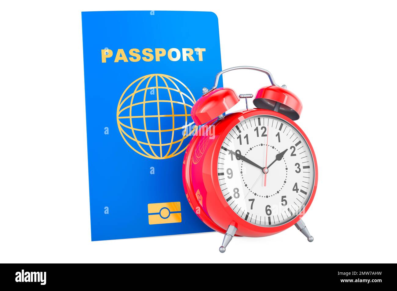Passport with alarm clock. Passport processing times, concept, 3D