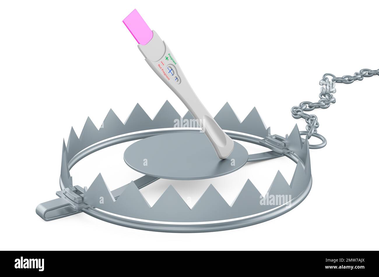 Pregnancy test positive inside bear trap, 3D rendering isolated on white background Stock Photo