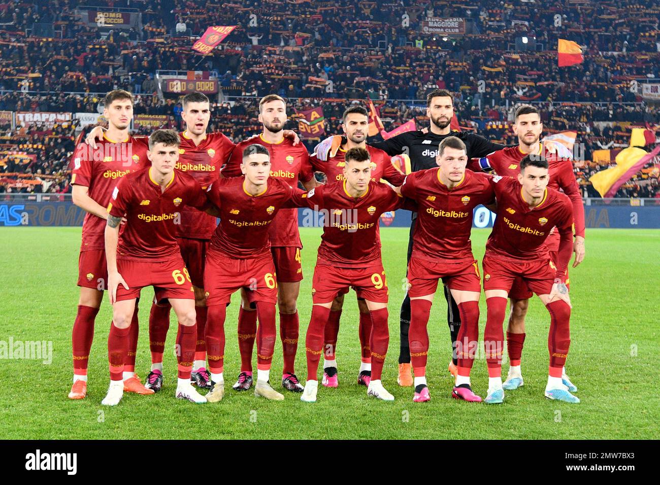 February 1, 2023, Rome, Italy: AS Roma team during the Coppa Italia  Frecciarossa quarterfinal match between AS Roma vs US Cremonese at the  Olimpic Stadium in Rome on 01 February 2023. (Credit