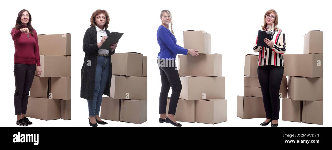 Collage of people lifting heavy cardboard box isolated Stock Photo - Alamy