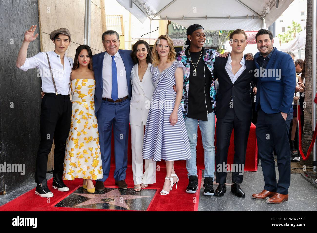 Ludi Lin, from left, Naomi Scott, Haim Saban, Becky G, Elizabeth Banks
