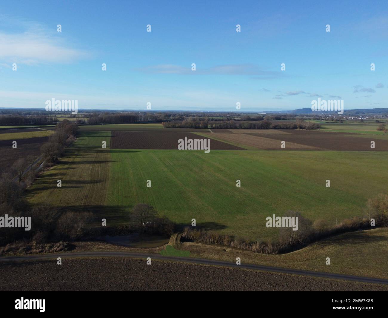 Good Fields An aerial view of a Danube valley with fertile fields and good farming ...