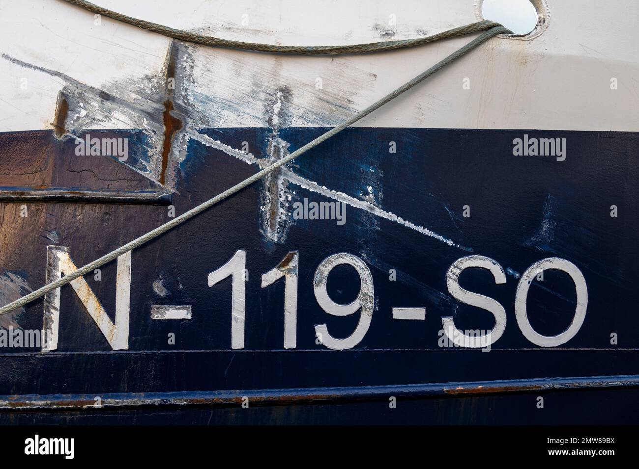 Fishing vessel Ketlin at Bryggen quay, in the port of Bergen, Norway. Vessel name and markings Stock Photo