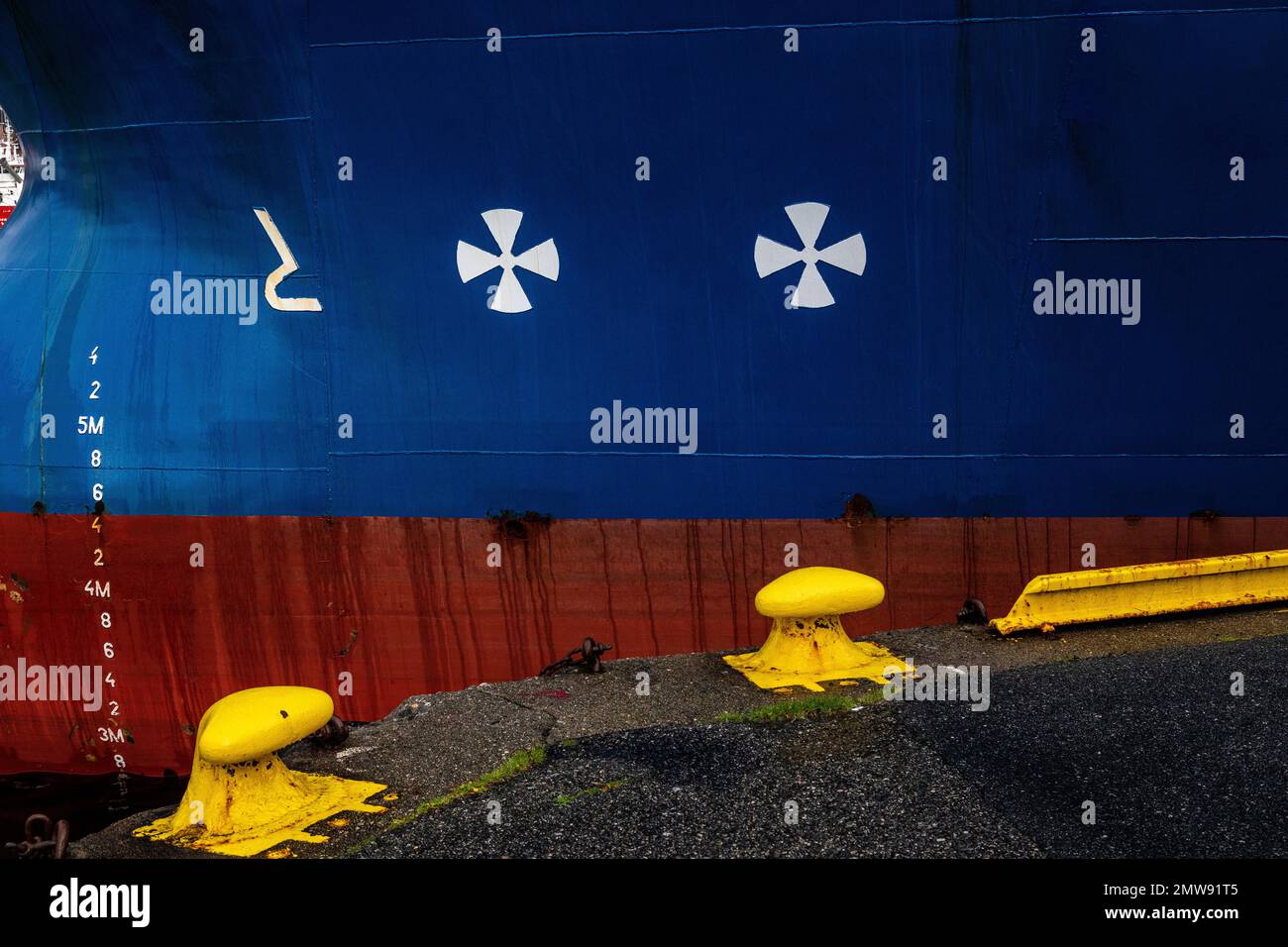 Details from hull of cargo vessel for fish farm industry, Aqua Fjord at quay in Bergen, Norway Stock Photo