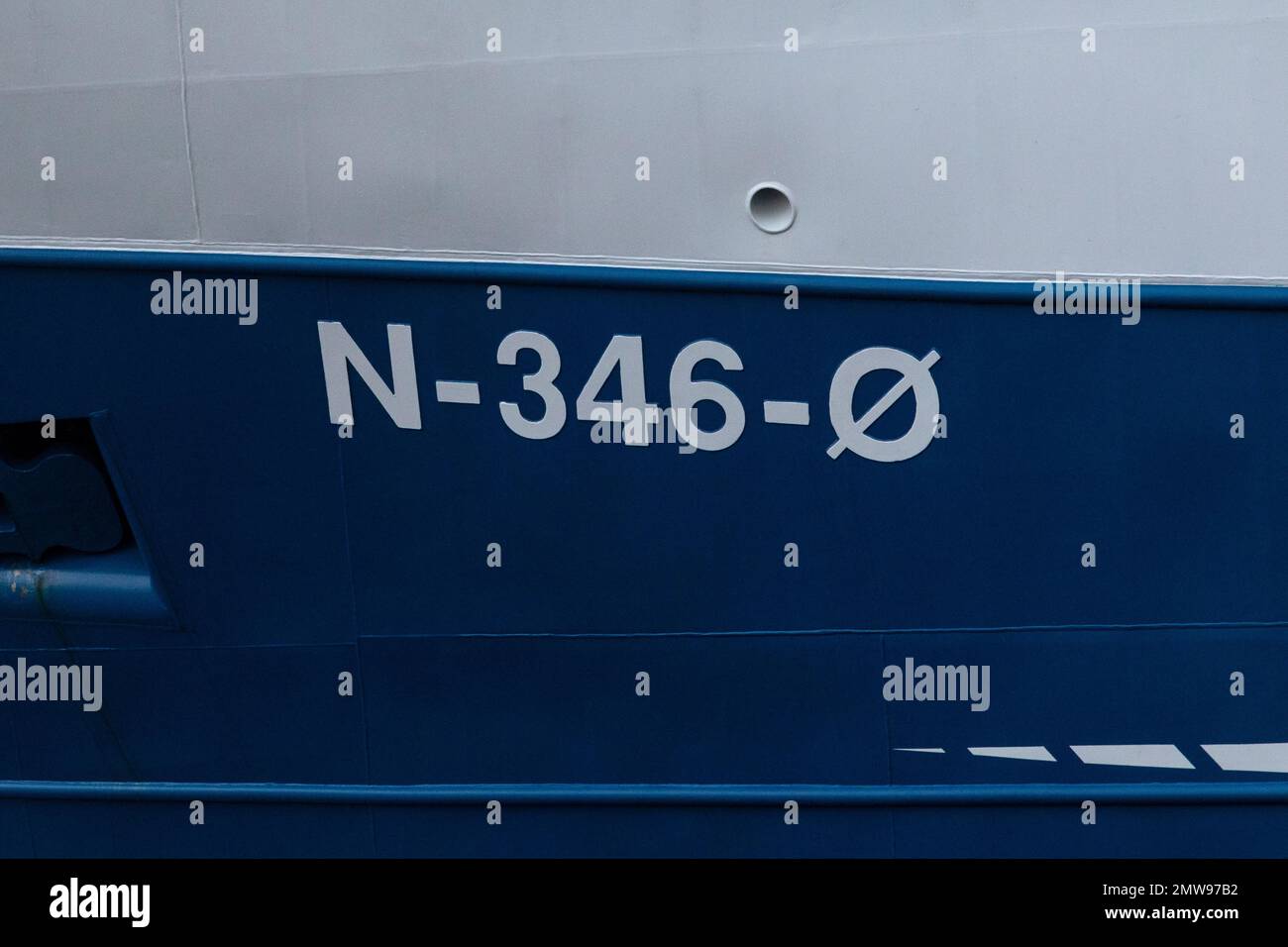 Detail of ships marking of fishing vessel Gunnar K at quay, in the port