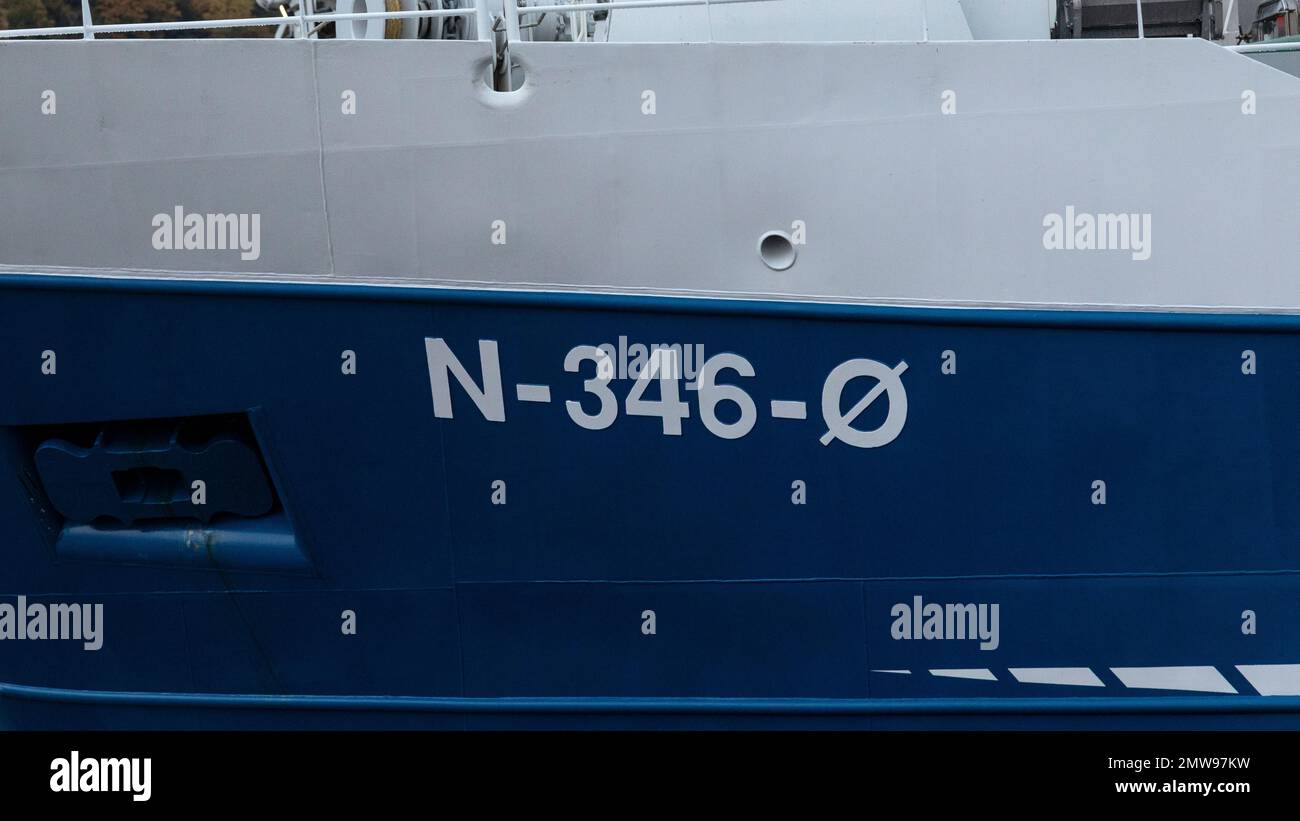 Detail of ships marking of fishing vessel Gunnar K at quay, in the port