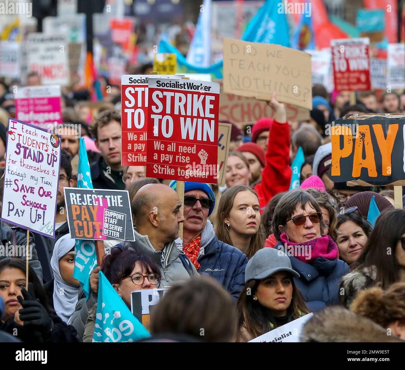 London, UK. 1st Feb, 2023. People protest in central London, Britain, on Feb. 1, 2023. Up to half a million British teachers, university staff, train drivers and civil servants went on strike on Wednesday in the largest coordinated action for years amid lengthy disputes over pay. Credit: Xinhua/Alamy Live News Stock Photo