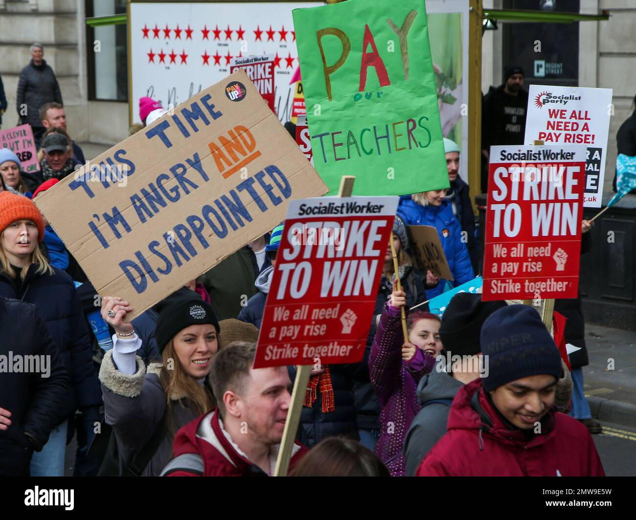 London, UK. 1st Feb, 2023. People protest in central London, Britain, on Feb. 1, 2023. Up to half a million British teachers, university staff, train drivers and civil servants went on strike on Wednesday in the largest coordinated action for years amid lengthy disputes over pay. Credit: Xinhua/Alamy Live News Stock Photo