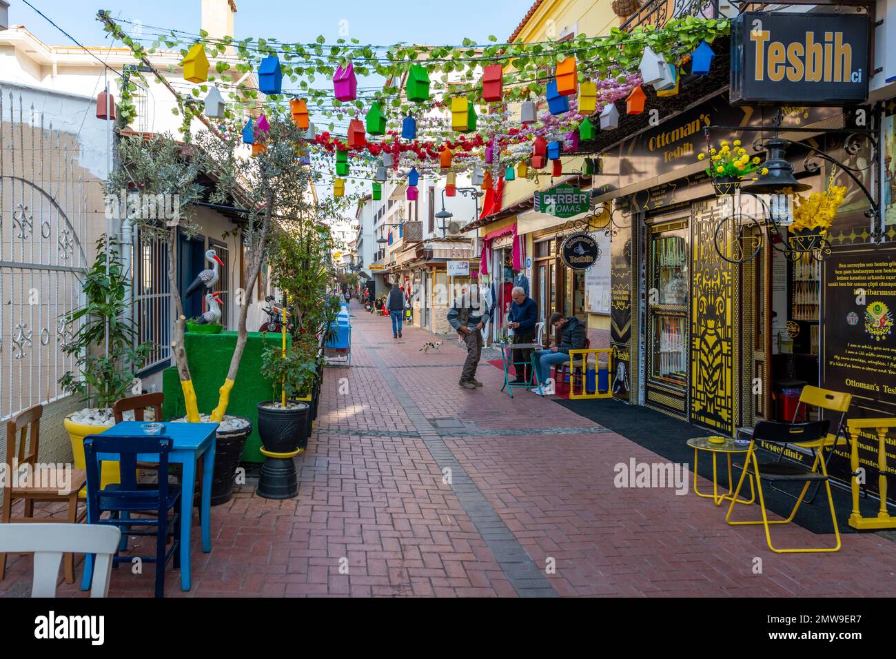 A colorful row of shops and cafes in the shopping a marketplace