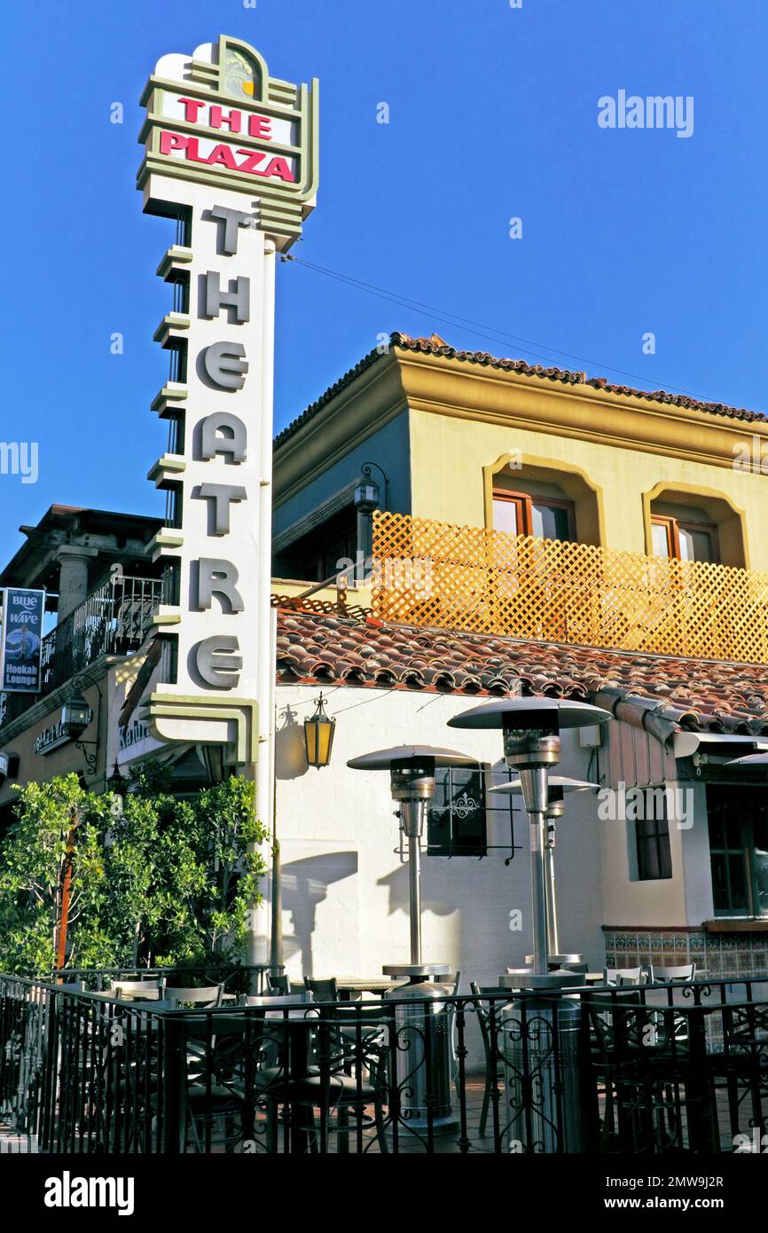 Opened in in 1936, The Plaza Theatre with its iconic sign is a historic landmark building on South Palm Canyon Drive in Palms Springs, California. Stock Photo