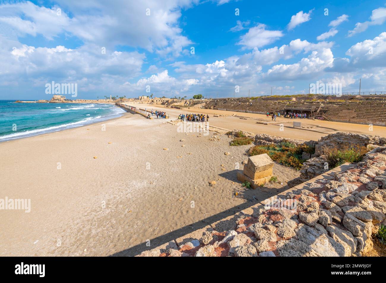 The ancient archaeological Caesarea National Park and and historic port on the Mediterranean coast of Caesarea, Israel. Stock Photo